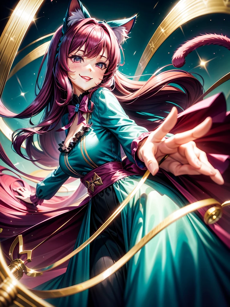 Magenta pink hair, brown eyes, older woman, hair ornaments, cat ears, long hair, smiling face, teal and gold outfit, pretty background, sexy, fashion