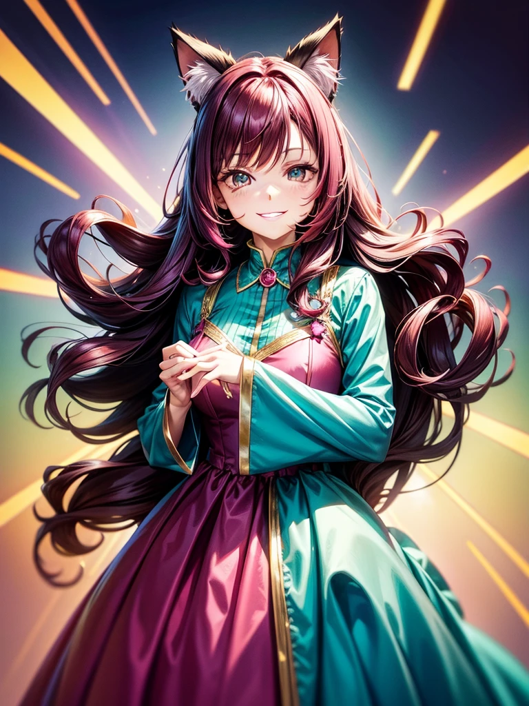 Magenta hair, brown eyes, older woman, hair bows, cat ears, long hair, smiling face, long dress outfit, teal and gold outfit, pretty background