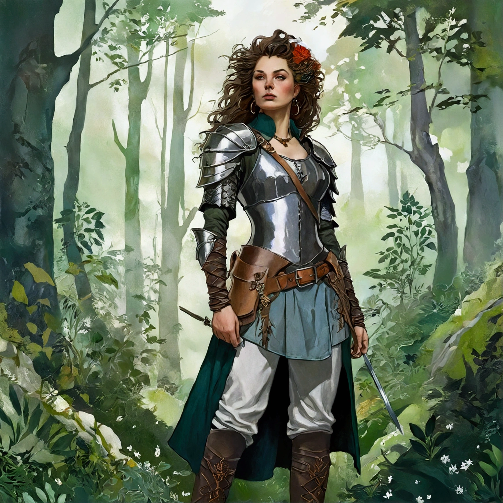 A wild and fierce Bretonian bandit woman, standing confidently amidst a mystical forest, her wild hair flowing in the breeze, adorned with nature-inspired tattoos. She wears an eclectic mix of armor pieces that blend medieval aesthetics with tribal elements, reflecting her connection to the wilderness. The background features lush greenery, dappled sunlight filtering through the leaves, and hints of ancient ruins. The scene captures a sense of freedom and rebellion, with a whimsical and vibrant color palette reminiscent of a storybook illustration in the style of Arthur Rackham.