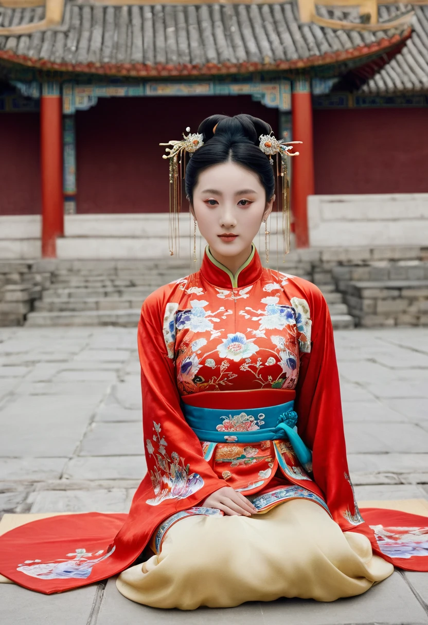 A woman seen from the front, sitting facing forward with her legs apart. A 20-year-old Qing dynasty empress in the Chinese imperial court during the Qing dynasty. The empress is wearing a red Manchu outfit with a floral pattern and is open at the front, revealing her chest, lower abdomen, thighs and feet.。She is wearing no underwear, and her large breasts are exposed, right down to her bare stomach. Her hair is tied up and pulled up, and the background is the stone pavement of the Chinese palace of the Qing Dynasty.