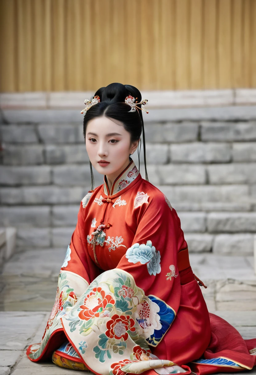 A woman seen from the front, sitting facing forward with her legs apart. A 20-year-old Qing dynasty empress in the Chinese imperial court during the Qing dynasty. The empress is wearing a red Manchu outfit with a floral pattern and is open at the front, revealing her chest, lower abdomen, thighs and feet.。She is wearing no underwear, and her large breasts are exposed, right down to her bare stomach. Her hair is tied up and pulled up, and the background is the stone pavement of the Chinese palace of the Qing Dynasty.