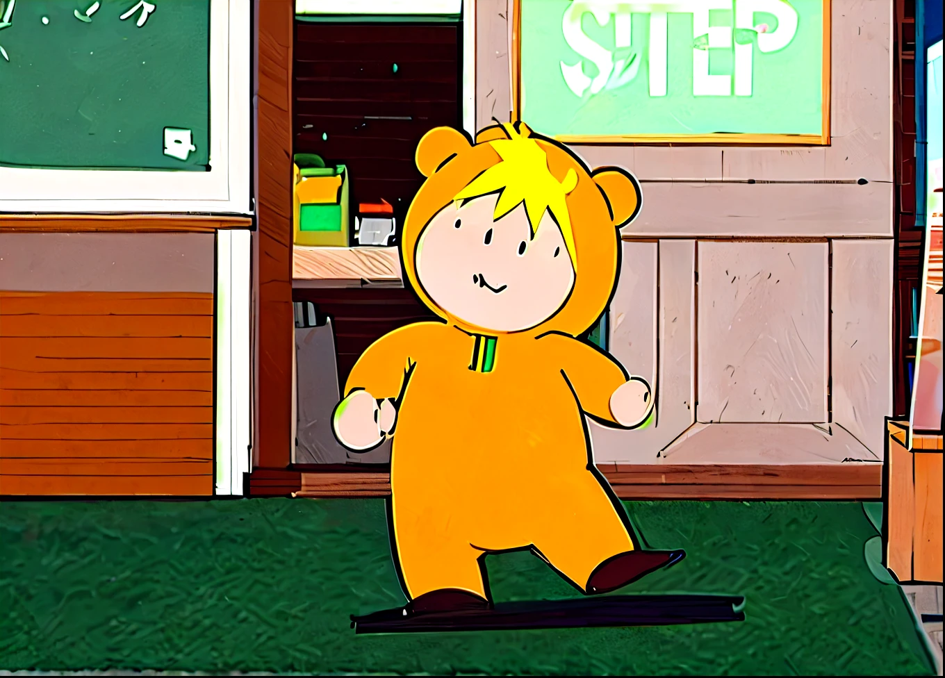 Butters Stotch drawn in realistic hand drawn style、I work at a concept café Lots of Doritos next to it,  Today I generated a bright illustration of dancing in a bear costume。
