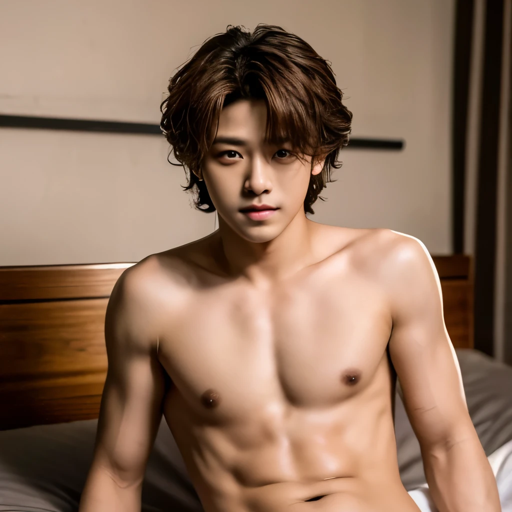 Bang Chan of K-pop group Stray Kids is seen sitting shirtless on a bed (Ultra-realistic 4K images) Bang Chan has gorgeous brown hair. He's clearly in the mood for lots of sex until you cum.