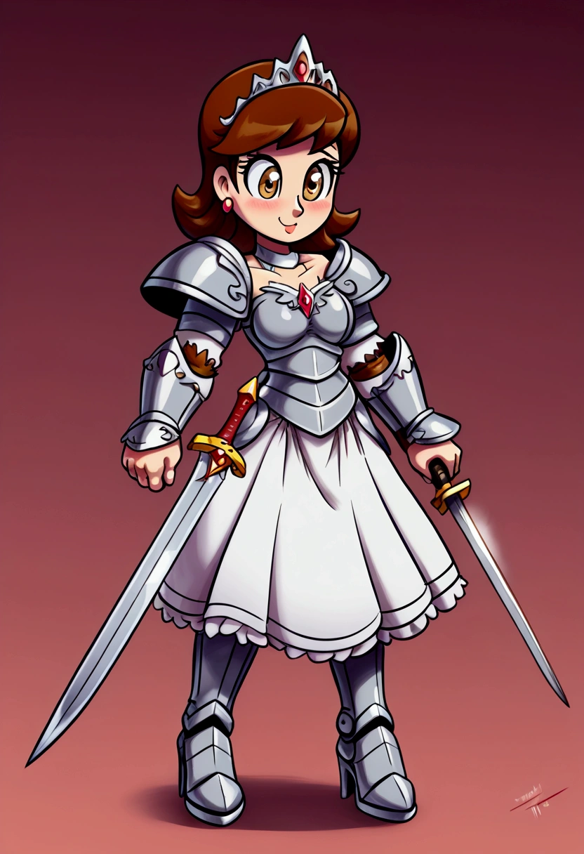 A_warrior_princess_with_big_feet (((giant feet, giant armored white high heel boots, standing))) hair_color (brown hair) (white armored dress)(silver sword in hand) eye_color (brown eyes) silver_tiara ((action, cute, impressive, elegant, masterpiece, high quality))