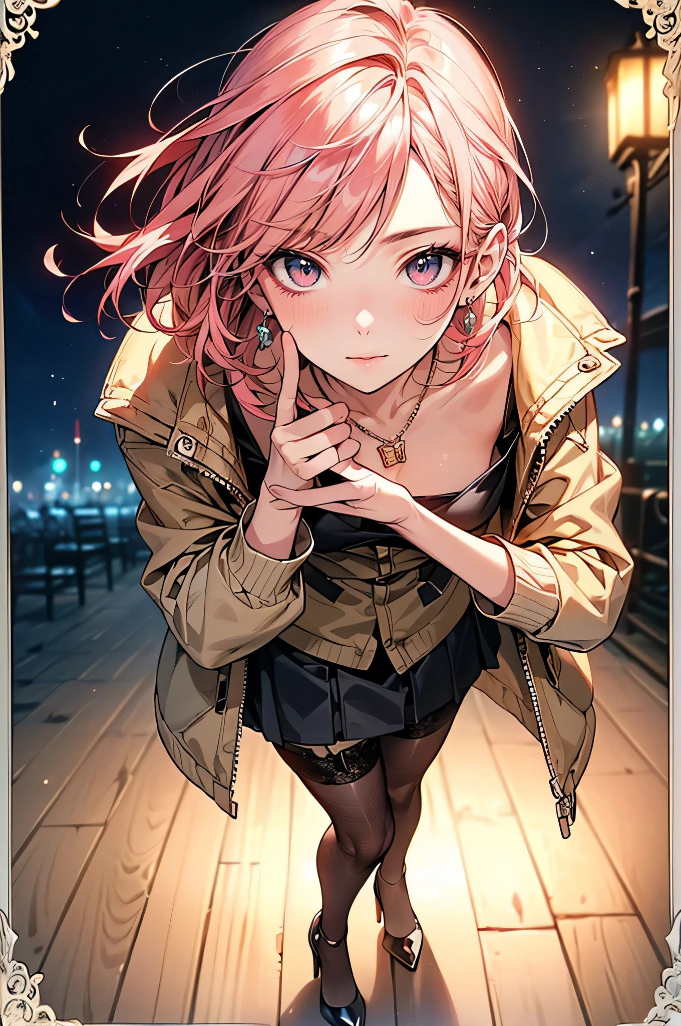 ((Biologically correct limb count))、(( Full-body photo including face))、4K、((Standing position))、masterpiece、((Focus on the face))、((Symmetrical facial features))、Eye for detailed depiction、Beautiful blue-haired woman、Excellent style、Beautiful clavicle、Beautiful feet、Beautiful Hands、Slender body、(stockings、garter belt、High heels）、Detailed depiction of the face、Small earrings、necklace、(rubber jacket、Rubber Skirt)、High heelsに照明を当てる、tie、sunny、(((White frame photo)))、Fascinating、Night street、(Low - Angle、A camera angle that captures the inside of a skirt from below)、gloves、(((Pink Hair)))