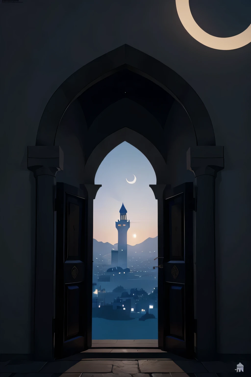 arabian nights style, arabian castle, quarter moon at night, vector style, door wide open, poster vector design