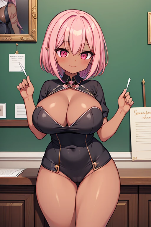 (masterpiece), (highest quality), ((Super detailed)), (super delicate), Cute naughty receptionist, (dark elf, dark skin), Pastel colors hair, (large breasts:1.2, Thighs:1.2, thick legs:1.2, curvy:1.2), (pink hair, short hair, flipped hair:1.2, tired hair, hair intakes), red eyes, (naked:1.2), standard height, (slant eyes, blush:1.2, evil smiling), at the adventurer's guild, A bulletin board with posted paper