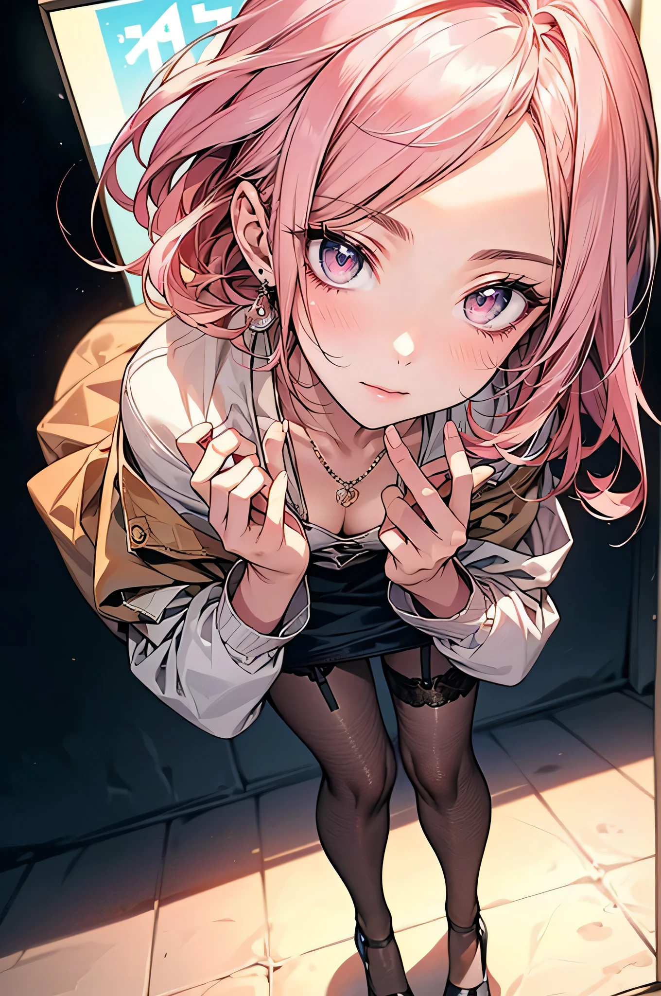((Biologically correct limb count))、(( Full-body photo including face))、4K、((Standing position))、masterpiece、((Focus on the face))、((Symmetrical facial features))、Eye for detailed depiction、Beautiful blue-haired woman、Excellent style、Beautiful clavicle、Beautiful feet、Beautiful Hands、Slender body、(stockings、garter belt、High heels)、Detailed depiction of the face、Small earrings、necklace、(rubber jacket、Rubber Skirt)、Lighting High Heels、tie、sunny、(((White frame photo)))、Fascinating、Night street、(Low - Angle、A camera angle that captures the inside of a skirt from below)、gloves、(((Pink Hair)))