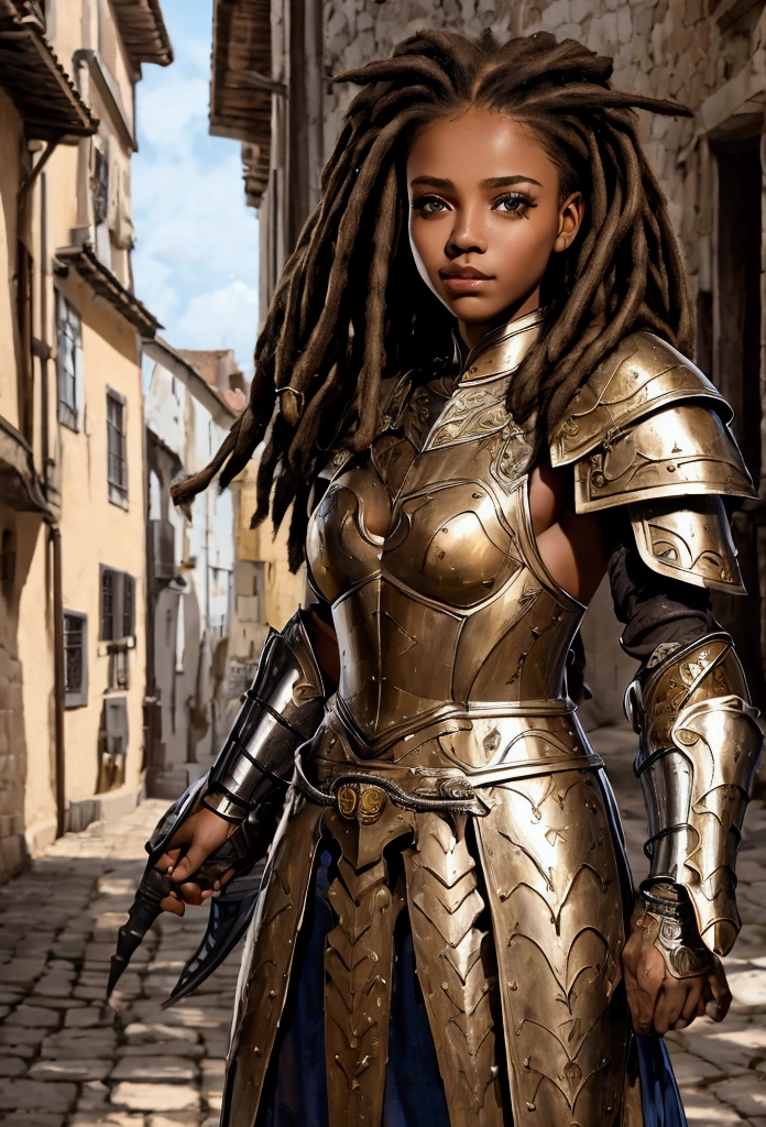 18 year old brown female、Beauty、Blonde、Blonde、Warrior in armor、Completely naked、Dreadlocks、background Medieval port town、High quality p