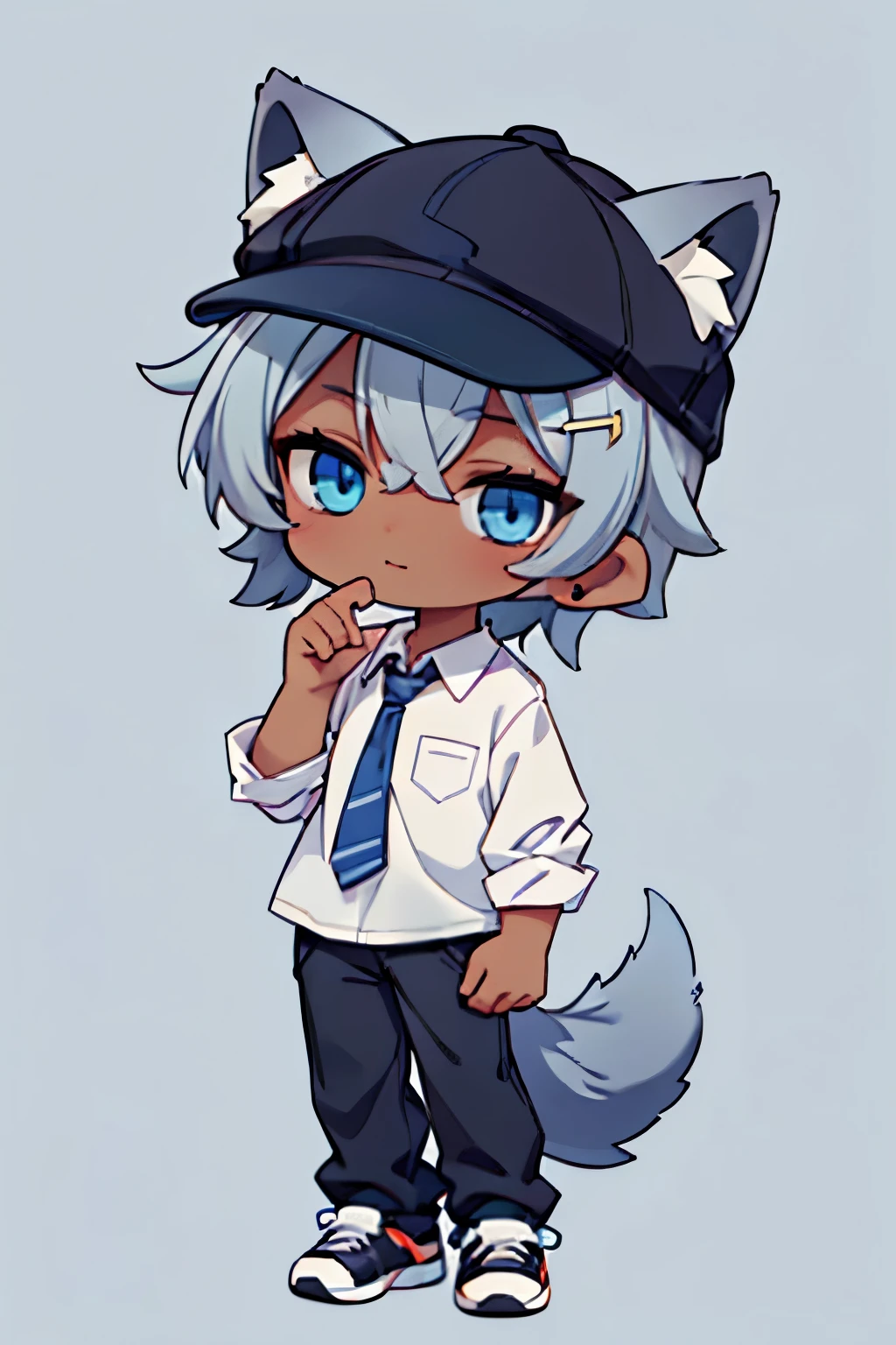 best quality,masterpiece,ultra-detailed,detailed eyes,green background,1 mature male,(chibi),full body,dark-skinned male,,(black color cap:1.4)(wolf ear on the cap:1.2),sneakers,dove gray hair,swept bangs hairclip,(asymmetric bangs:1.2)(asymmetric bangs:1.5), BRAKE,(collared shirt:1.3),blue shirt formal, BRAKE,(male face,male eyes),(blue ayes:1.4)sleepy,half-closed eyes,happy,(hand on own chin:1.2),standing