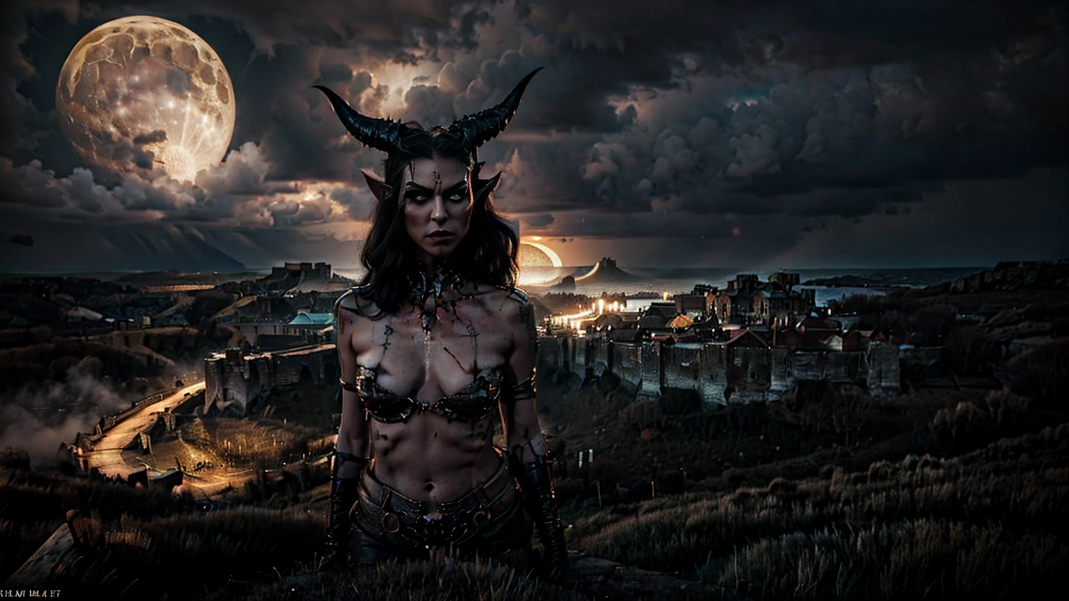 A succubus with an impressive figure, Her measurements are 108 cm bust, 60 cm waist, and 90 cm hip, with a height of 1,60 meters. She has black hair with red highlights., piercing yellow eyes and pointed ears adorned with small animal bones. His jet horns rise from his forehead and curve gracefully towards the nape of his neck.. The succubus's bat wings are folded and drag on the ground.
In the background of the image, a gloomy and majestic castle is seen on a steep cliff. The landscape is nocturnal, with a full moon that dimly illuminates the surroundings, highlighting the figure of the succubus and her castle. The sky is dotted with dark clouds, adding a mysterious and supernatural air to the scene.