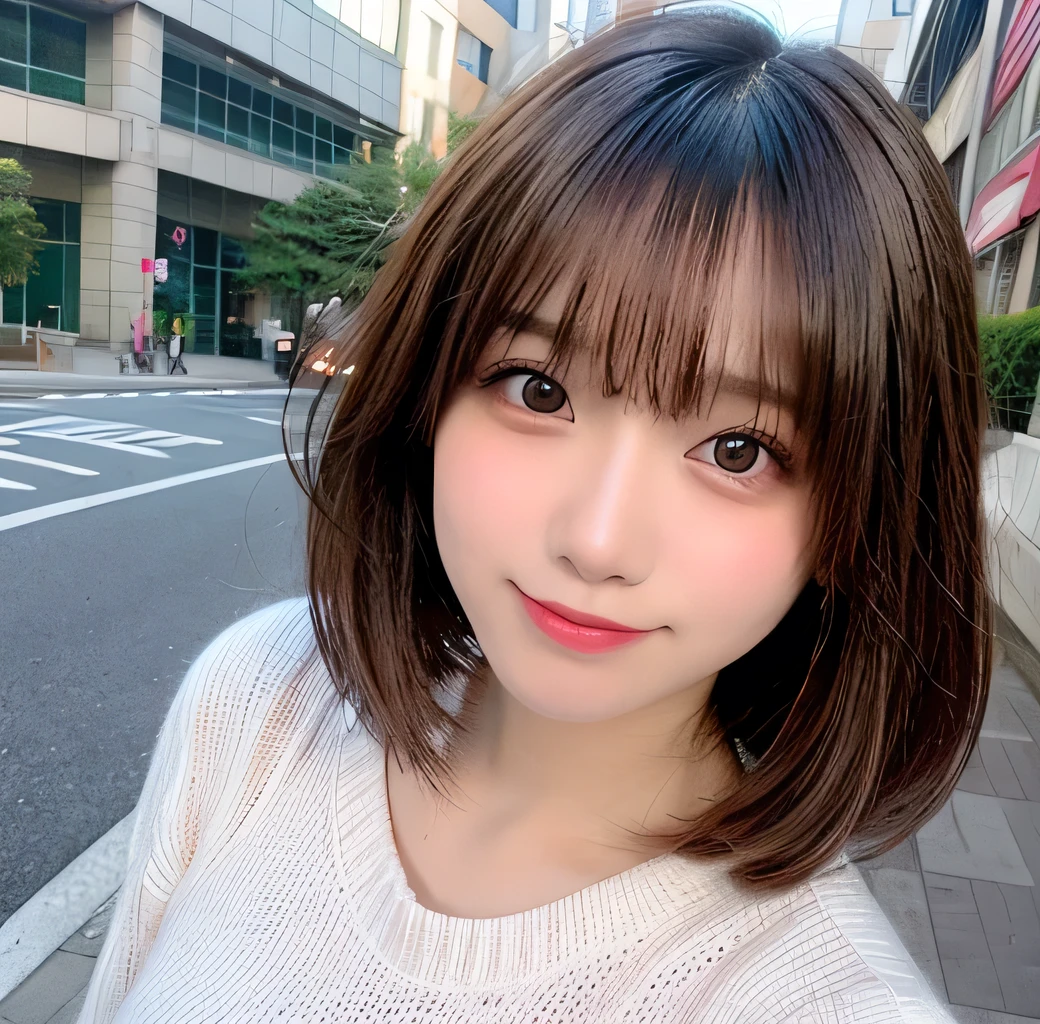 Tabletop, highest quality, shape, Very detailed, finely, High resolution, 8k wallpaper, Perfect dynamic composition, Finely beautiful eyes, Wearing a pale pink knit,Medium Hair,Natural color lip, smile,harajuku、Teenage Girl、cute、Looking at the camera、g-cup、Brown Hair、The background is an urban high school