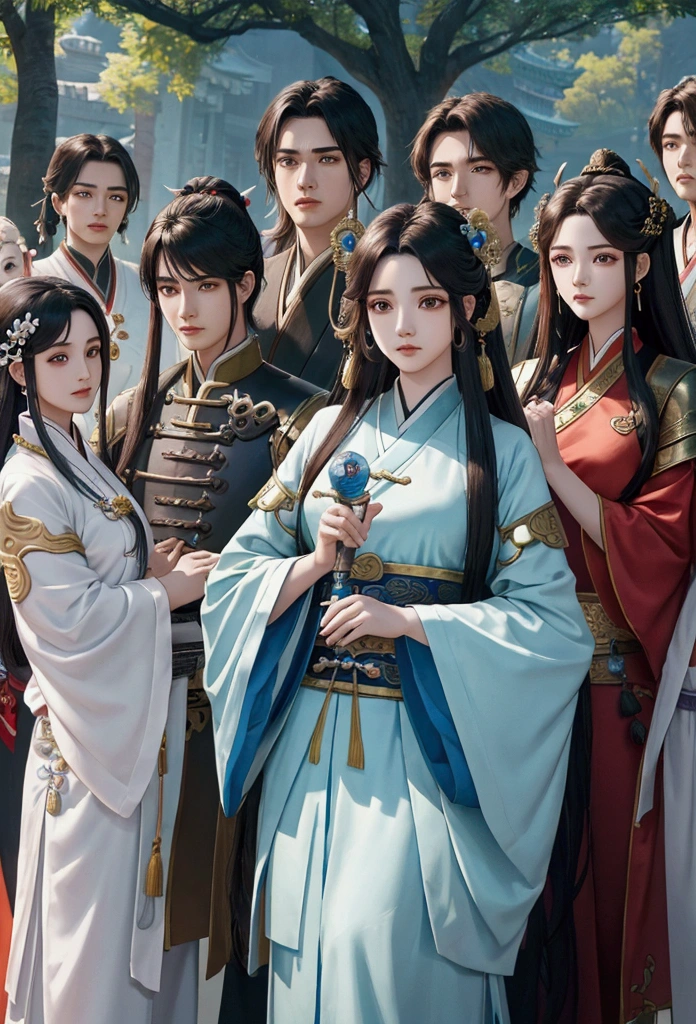 a close up of a group of people (3 girls and 4 boys) standing next to each other, game cg, xianxia fantasy, chinese fantasy, full body wuxia, chinese mmorpg, xianxia hero, korean mmo, wuxia, dynasty warriors, g liulian art style, mmorpg, by Ren Renfa, inspired by Pu Hua, mmorpg fantasy, 4k,8k RAW, High Resolution, Extream detailed, 3 girls and 4 boys,