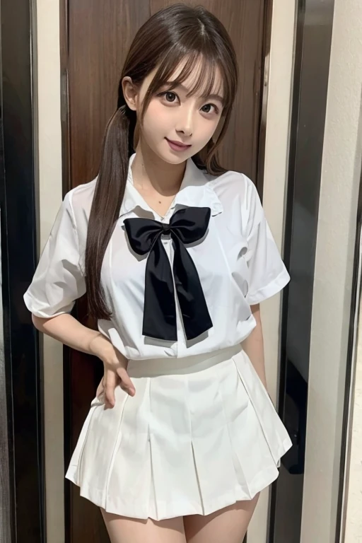Gravure idol pose Hotel bed uniform White clothes high resolution Not too small bust Black Mini Skirt Shorten your skirt. Height 153cm