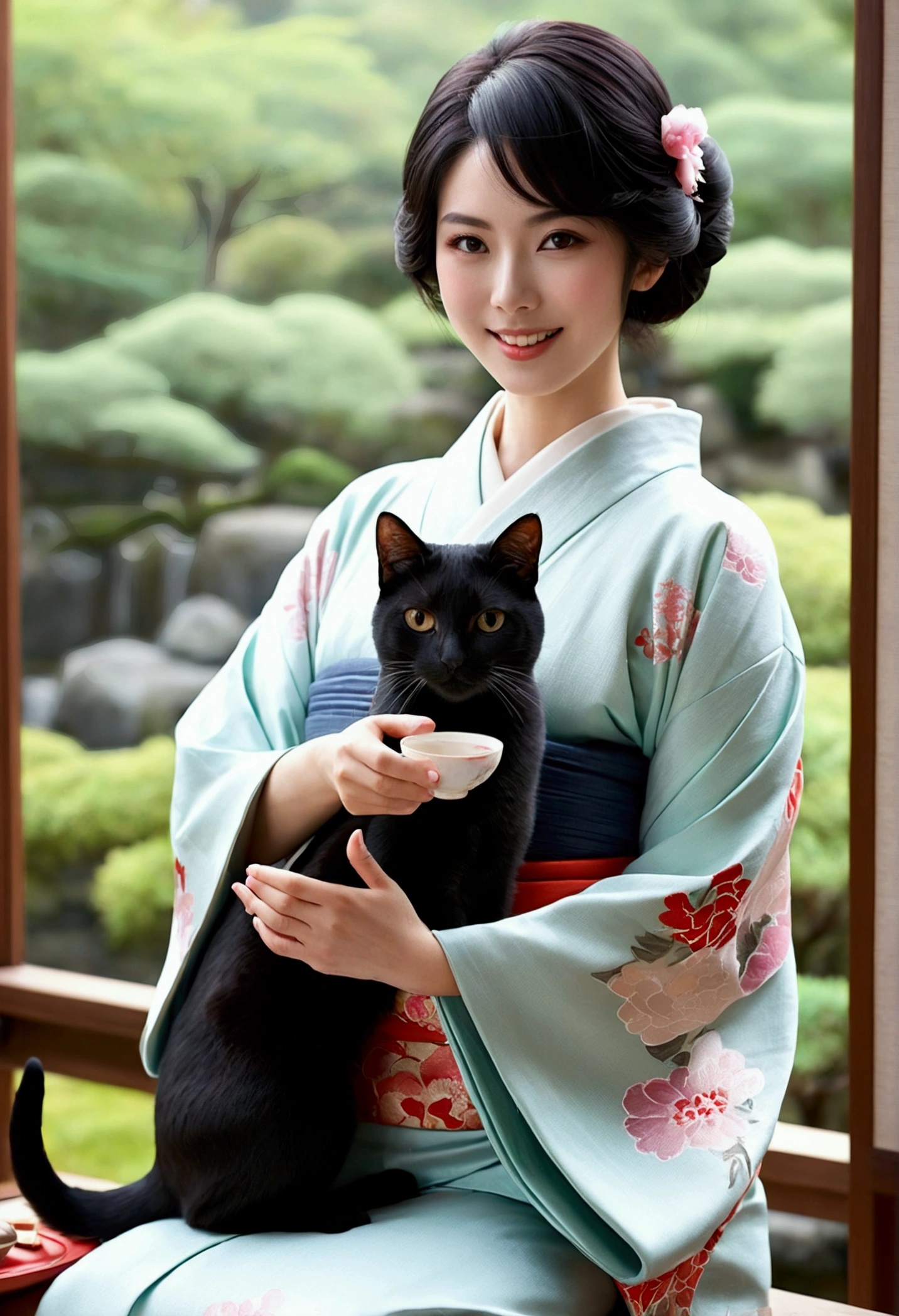 masterpiece, best quality, ((1 woman)), illustration, Super detailed, fine details, High resolution, 8K quality wallpaper, Perfect dynamic composition, Beautiful and delicate eyes, kimono, 勻稱的kimono外觀, (black shorthair cat), Smile, looking at camera, Kyoto Taisho Movie Village, Japan Castle Town, Japanese garden, Tea Room, Tea ceremony etiquette