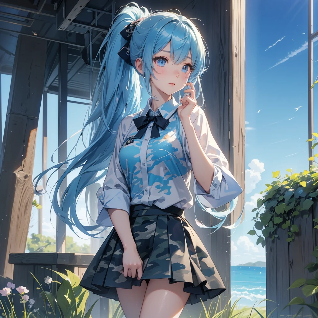 Blue Hair、Up ponytail、Anime girl in a camouflage skirt and camouflage shirt posing for a photo。Surreal、Surreal、Real、Anime Moe Art Style、Smooth anime CG art、真花honest、Beautiful anime school girl、honest、Cute girl anime visuals、Cute anime cat girl、Enchanting anime girl、From Girls Frontline