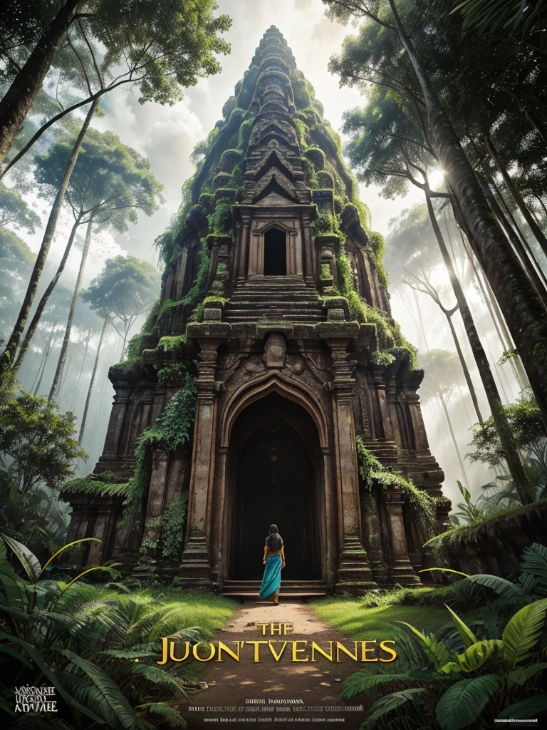 "Design a captivating film posterfor an adventure and exploration novel. The cover should evoke a sense of mystery and adventure.
Background: A dense Amazon jungle with towering trees and vibrant greenery.
Foreground: An ancient, partially overgrown stone structure with intricate carvings. title at the top reads 'Journey Through the Unknown' Siddheswar Mahanand 'Journey Through the Unknown' letters. allout" in stark, bold The bottom includes credits in a a classic movie poster style. The overall tome is Mood and Style: Adventurous, mysterious, and inspiring."