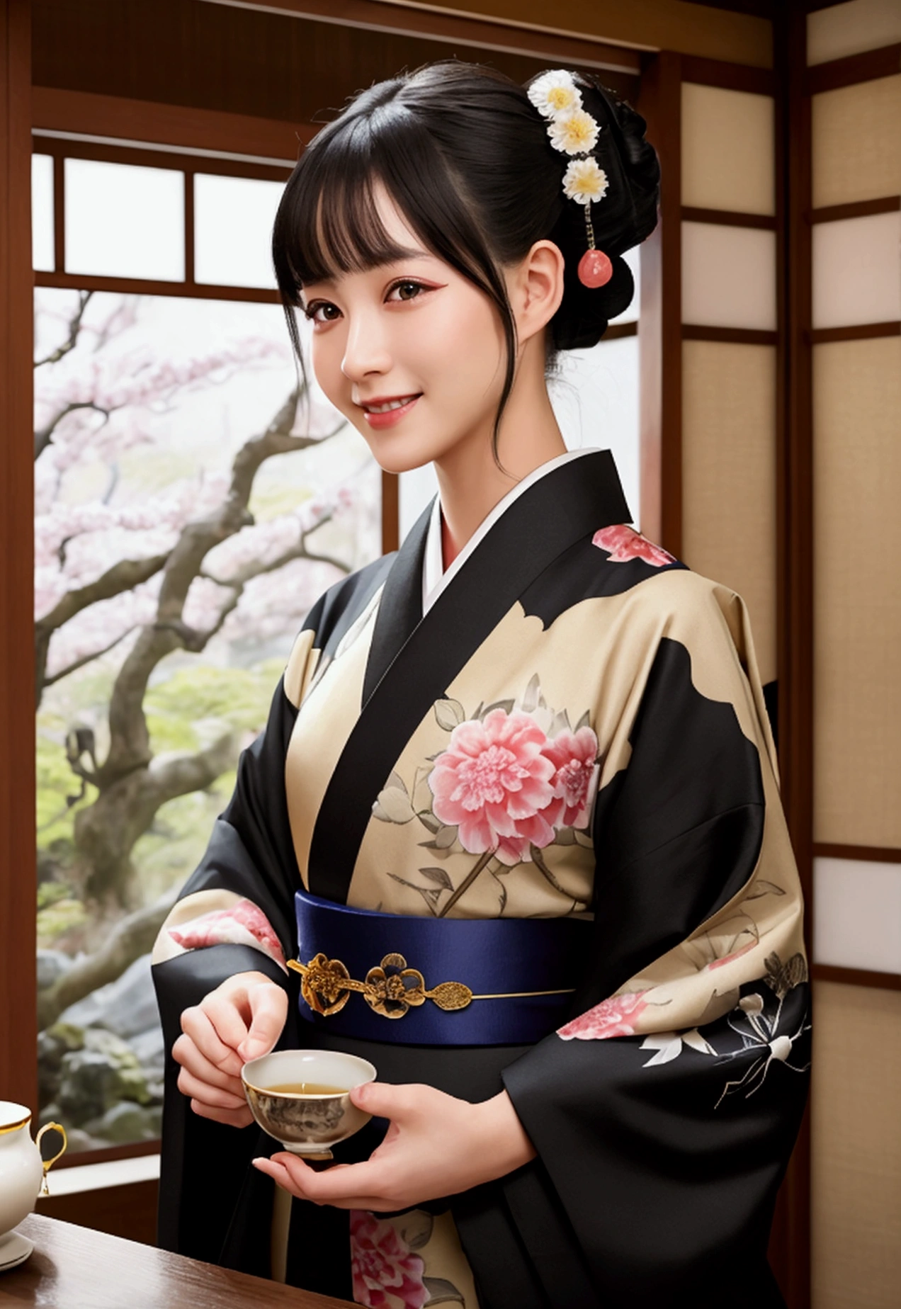 masterpiece, best quality, ((1 woman)), illustration, Super detailed, fine details, High resolution, 8K quality wallpaper, Perfect dynamic composition, Beautiful and delicate eyes, kimono, 勻稱的kimono外觀, (black shorthair cat), Smile, looking at camera, Kyoto Taisho Movie Village, Japan Castle Town, Japanese garden, Tea Room, Tea ceremony etiquette