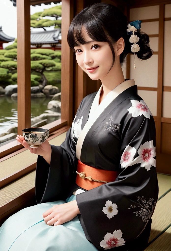 masterpiece, best quality, ((1 woman)), illustration, Super detailed, fine details, High resolution, 8K quality wallpaper, Perfect dynamic composition, Beautiful and delicate eyes, kimono, 勻稱的kimono外觀, (black shorthair cat), Smile, looking at camera, Kyoto Taisho Movie Village, Japan Castle Town, Japanese garden, Tea Room, Tea ceremony etiquette