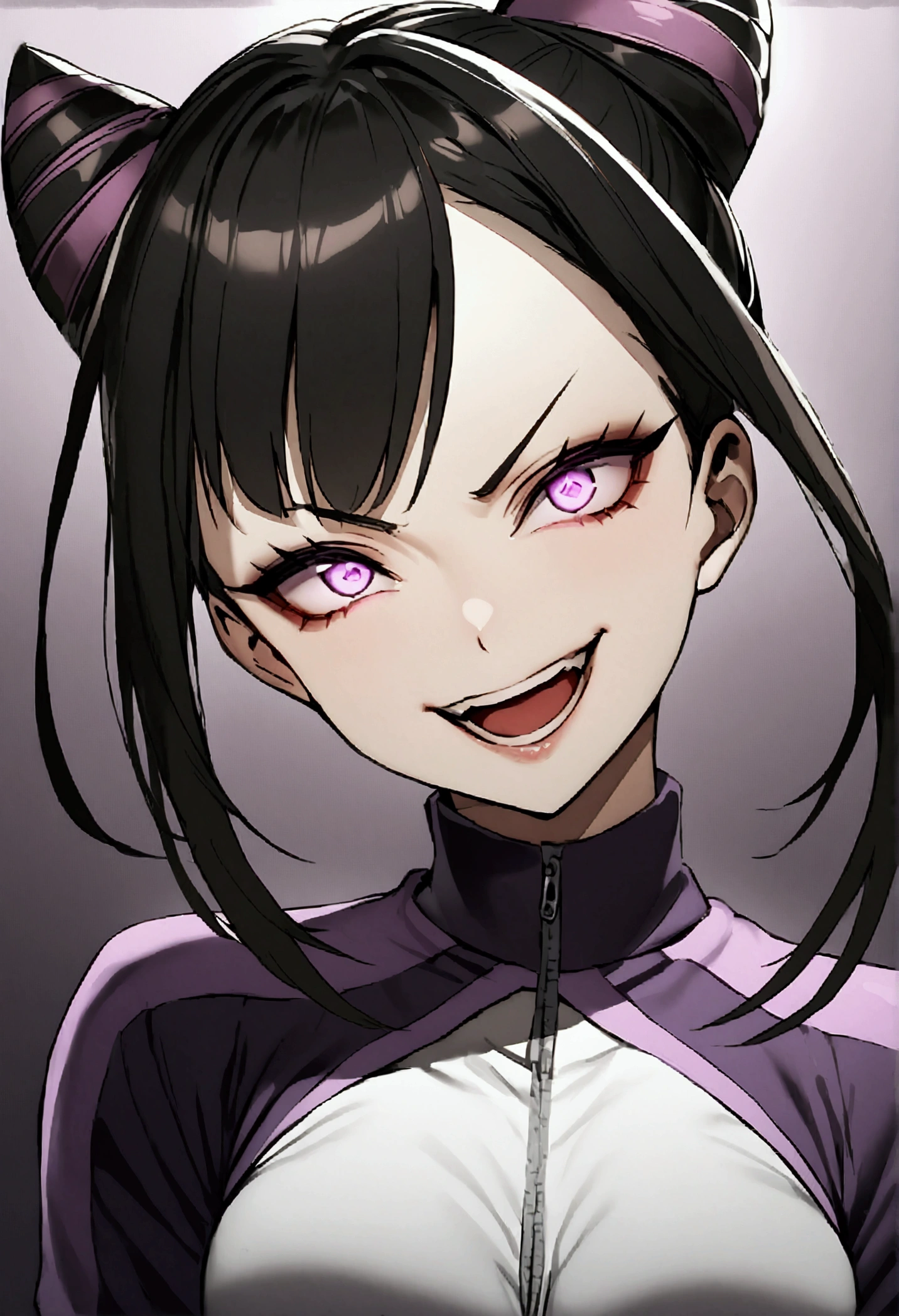 dark eye shadow,shining eyes,beautiful young fitness woman with , in a gym wearing May with black pantyhose, tight white and purple gym jacket. standing alone,hair horns,glowing purple eyes,Evil smile,legging preto ,labiaa,dark eye shadow,shining eyes,close up,open mouth with big evil smile
