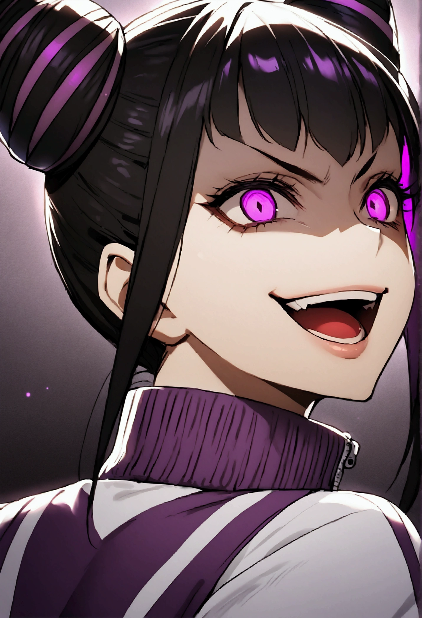 dark eye shadow,shining eyes,beautiful young fitness woman with , in a gym wearing May with black pantyhose, tight white and purple gym jacket. standing alone,hair horns,glowing purple eyes,Evil smile,legging preto ,labiaa,dark eye shadow,shining eyes,close up,open mouth with big evil smile