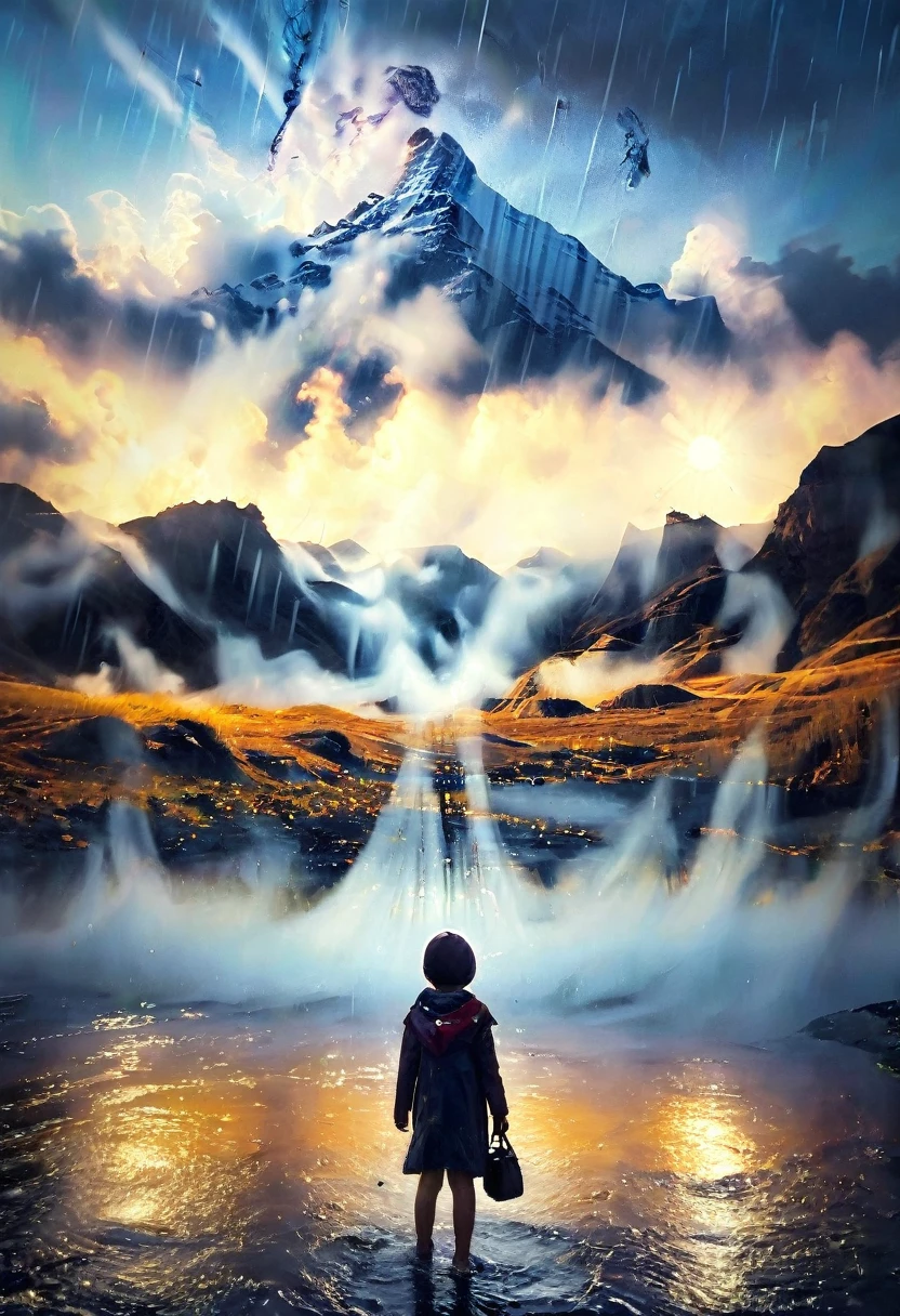 I am the rain that refreshes everything it touches and gives life ,I have seen many parts of the world and touched many beautiful things that are very small and I have seen them grow. This is the message I send to you to take care of them, but because of their size they do not stop being important. , very real style with a magical background and a spectacular rain touching the smallest beings , 24k unique piece piece of art beautiful colors spectacular details use the rules of composition use the cinema lights use a lot of depth of field to differentiate scene shots