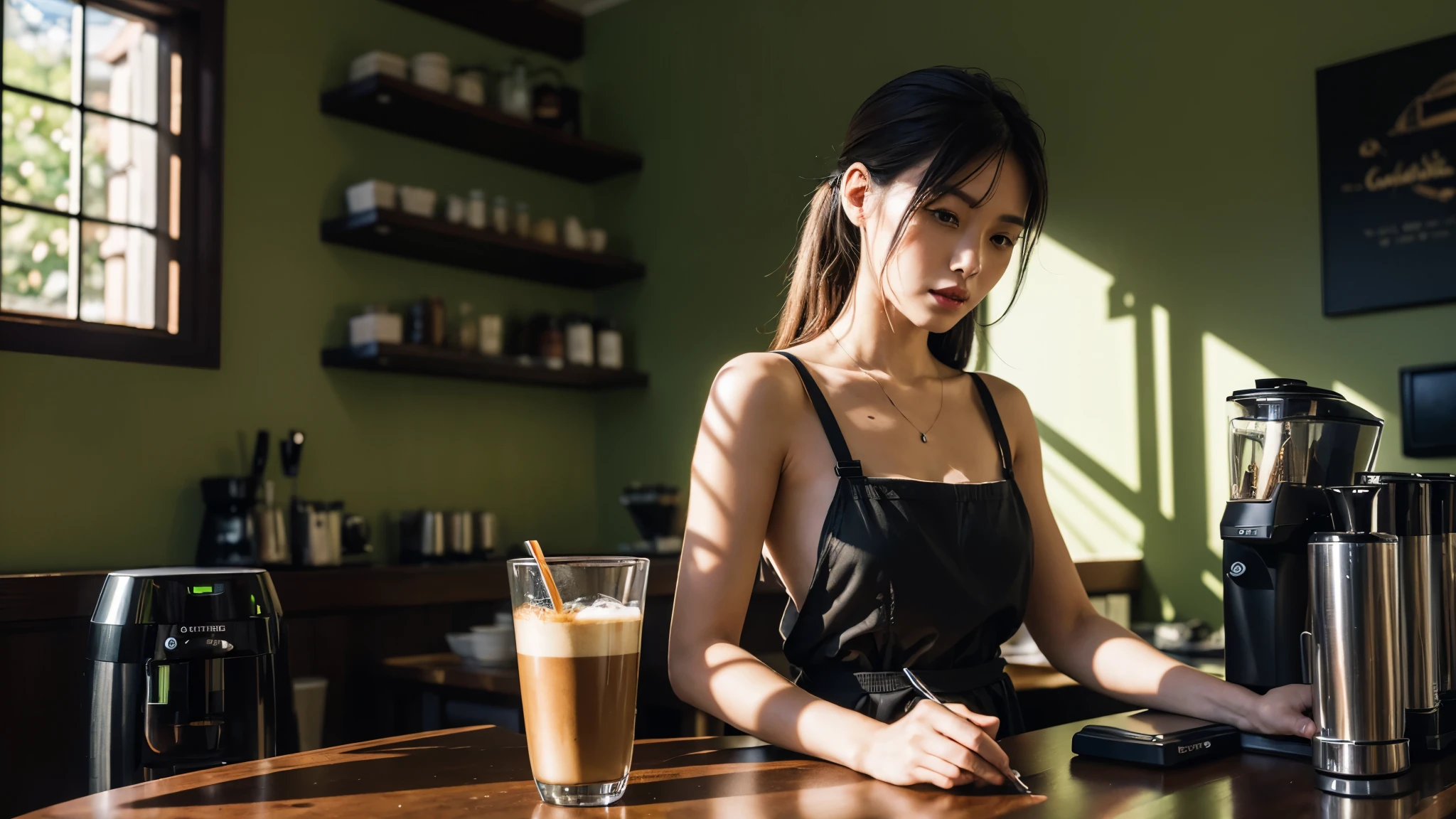((very sharp photo result, hyper realistic photo)) (((Best Quality))), (((masterpiece))), (((Ultra-detailed CG))),(((magical ))) an artsy edgy cafe barista corner table with coffee maker machine that steam and a cup of hot coffee, lime green dominated color, in foreground there`s a silhouette of a backlight pretty barista who prepare the coffee, shade photography, shadow & light, UHD, Shot on : sony a7 | fe 35mm f1.8