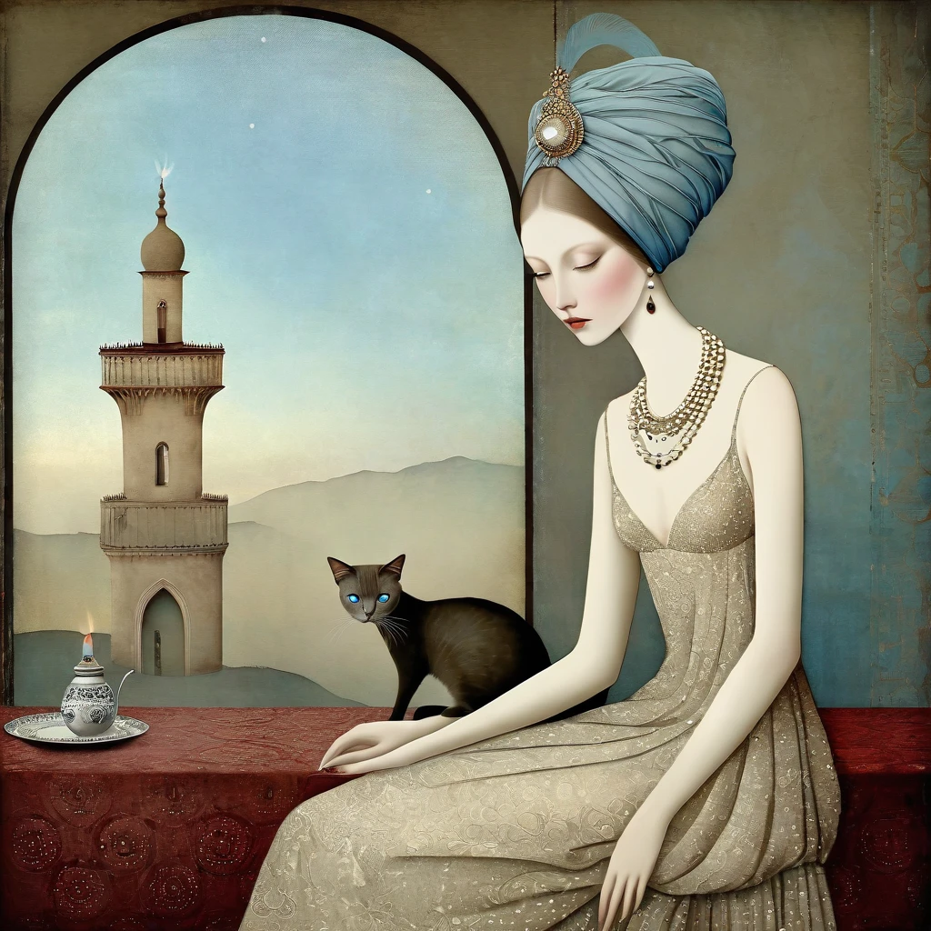 Catrin Welz-Stein style, digital art, dreamlike, ethereal, fantasy, imaginative, intricate, magical.  Female cat, with a woman's body. slender, beautiful, gentle and delicate gaze, very long neck, gray-blue eyes, long eyelashes, light brown dress, wearing a turban on her head with thin necklaces of pearls and semiprecious stones. she is sitting at a dining table, set . background a large oval window showing a landscape of cliffs. warm colors, medium saturation.