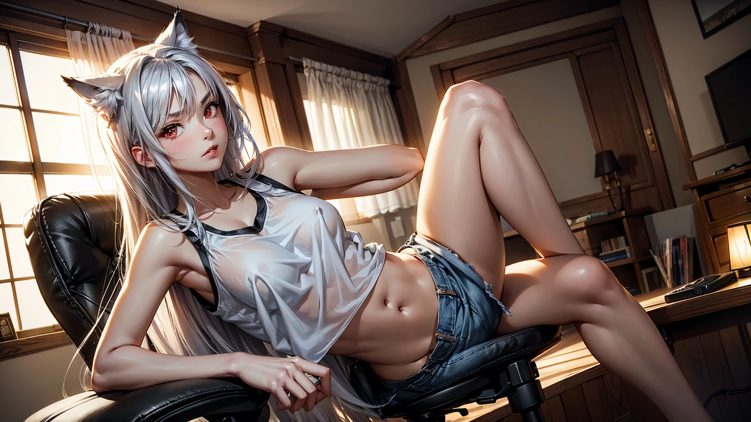 Create a top-quality image of a beautiful 20-year-old wolf girl. She has long silverish hair and red eyes, wearing a see-through tank top that barely covers her nipples, or alternatively, a crop top so short that the bottom of her breasts are exposed. She is also wearing short shorts or sleep shorts, highlighting her slender figure. The girl is sitting in a gaming chair in a dimly lit room with the window open, allowing a gentle breeze to flow in. She poses in a seductive manner, facing the camera. Her room is filled with nerdy items that show her love for video games and anime, including gaming equipment like a gaming PC, gaming desk, gaming chair, and gaming console, as well as anime posters and figurines. The image should exhibit high-quality visual artistry, with intricate details, capturing a cozy and alluring atmosphere.