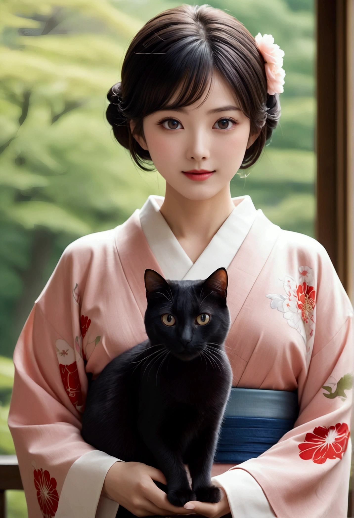 masterpiece, best quality, ((1 woman)), illustration, Super detailed, fine details, High resolution, 8K quality wallpaper, Perfect dynamic composition, Beautiful and delicate eyes, kimono, 勻稱的kimono外觀, (black shorthair cat), Smile, looking at camera, Kyoto Taisho Movie Village, Japan Castle Town, Japanese garden, Tea Room, Tea ceremony etiquette