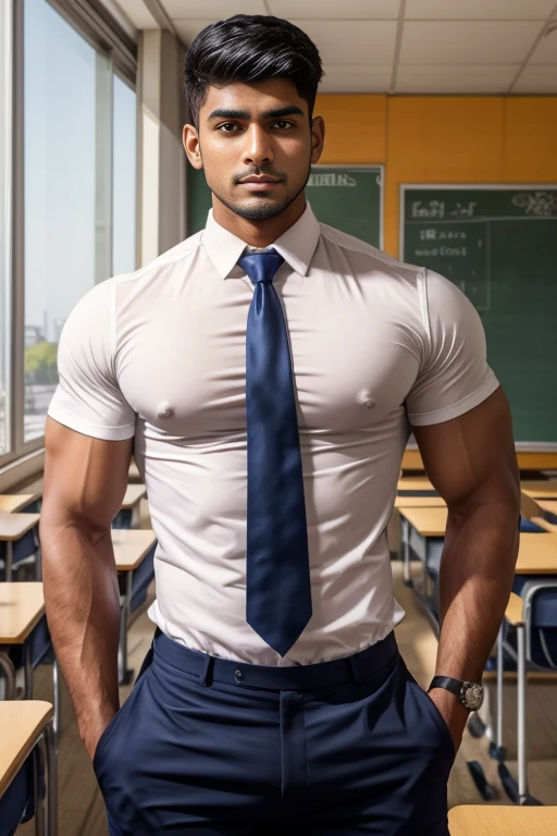 18 years old indian school boy with small beard mascular dark skin jaat with spiky hairstyle in , head to thighs, indian school boy, beautiful eyes, large lips, volumeric light, wearing tight front opened white shirt, navy trouser, navy tie, huge bulge, muscular chest, long legs, left neck look, Wide shoulders, nice detailed hands, standing in school classroom background, sunny day, daylight