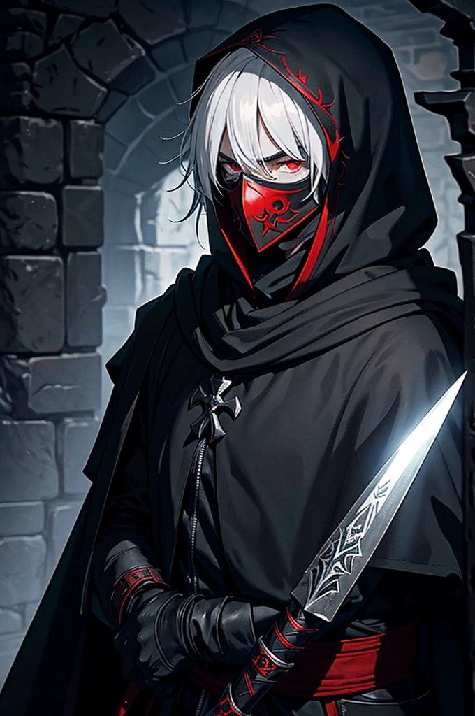An assassin, male, fantasy character, physically strong, wearing a skull mask covering his face and eyes, dressed in black medieval attire, with a white hooded cloak over it, gray hair, short hair, red eyes, holding a dagger, nighttime background.