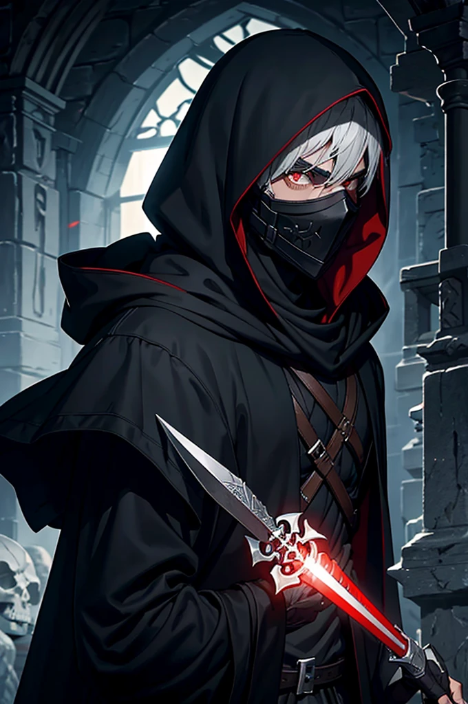 An assassin, male, fantasy character, physically strong, wearing a skull mask covering his face and eyes, dressed in black medieval attire, with a white hooded cloak over it, gray hair, short hair, red eyes, holding a dagger, nighttime background.