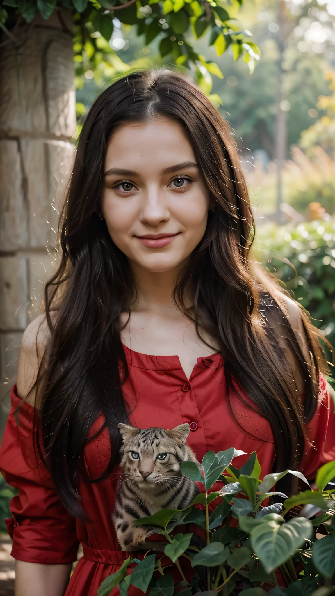 young belarusian woman, black long hair, green eyes, 27 years old, pet lover, smile, posing in the zoo, close-up, zoo with animals background, wearing red dress