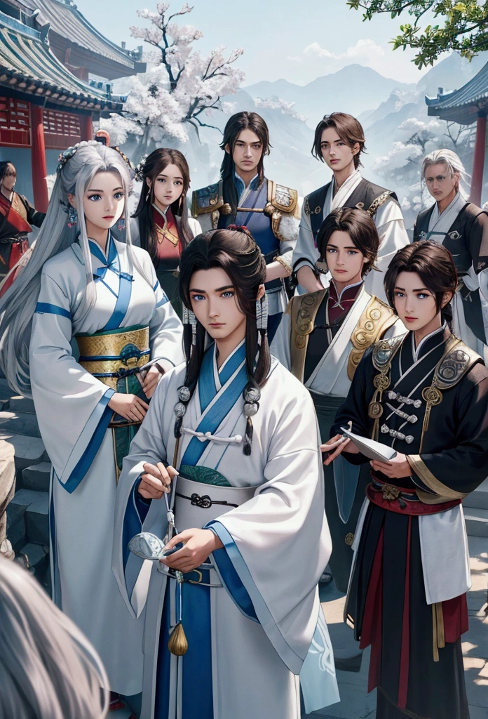 a close up of a group of people (3 girls and 4 boys) standing next to each other, game cg, xianxia fantasy, chinese fantasy, full body wuxia, chinese mmorpg, xianxia hero, korean mmo, wuxia, dynasty warriors, g liulian art style, mmorpg, by Ren Renfa, inspired by Pu Hua, mmorpg fantasy, 4k,8k RAW, High Resolution, Extream detailed, 3 girls and 4 boys, 1 girl silver hair and blue eyes, 1 girl in a brown hair, 1 girl in a white hair,