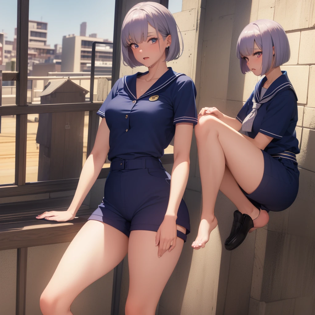 (((Perfect Anatomy, Anatomically correct, Very detailed肌))), 1 boy, Japanese, Glowing Skin, Observe your audience,
Beautiful Hair, Beautiful Face, Beautiful attention to detail, (Medium Hair:1.1, Straight Bob:1.2), Lavender Hair:1, Golden Eyes, Baby Face,
Beautiful clavicle, Beautiful body, Beautiful breasts, Beautiful thighs, Beautiful feet,
((Short sleeve, cute navy sailor suit, Navy shorts, Navy sailor collar, Blue Sailor Scarf, socks, Brown Loafers,Harness,)), Captivating thighs, Faint abdominal muscles,
((Ahegao, Embarrassing, Drooling, Open your mouth, Sweaty)), ((squat, Spread your legs, Put your hands in your panties,)),
(Beautiful views), summer, School rooftop, building, Chain link fence,
8k, Highest quality, Masterpiece:1.2, Very detailed), (Realistic), Beautiful illustrations, Natural light, ,