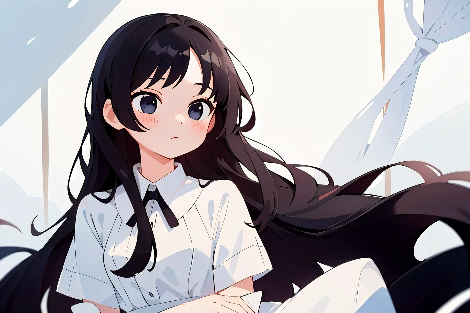 ((masterpiece))), Highest quality, Highest quality, Attention to detail、Girl、Long Black Hair、White dress、I'm worried、room、Sitting