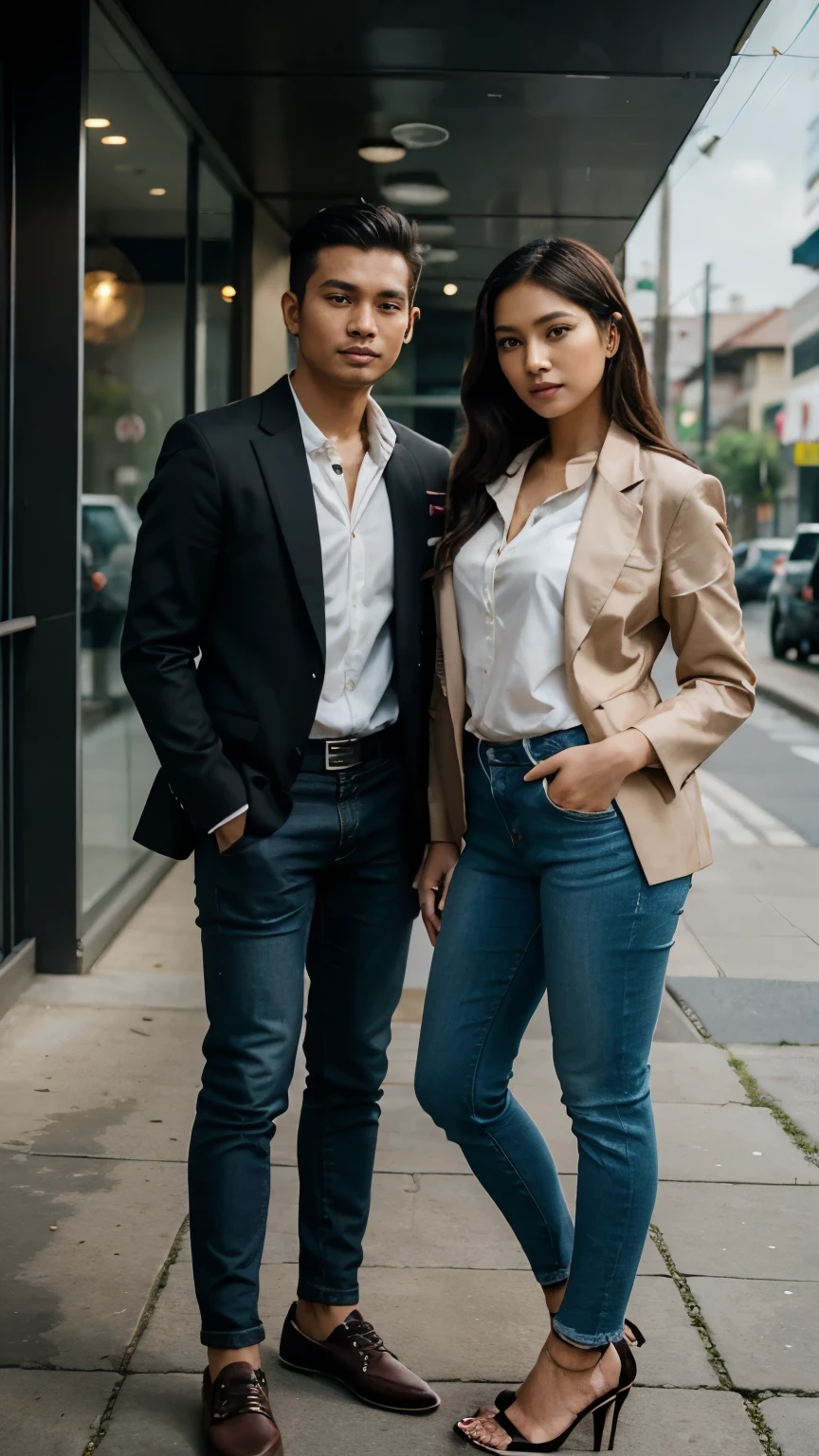 an Indonesian man and an Indonesian woman standing next to each other, an image, inspired by Adam Dario Keel, which is trending in the cg community, a handsome young Indonesian man with a beautiful young Indonesian woman with blac wavy hair, a man dressed in a shirt with shoes and a woman dressed in a blouse shirt and blazer and skinny jeans and heels. singer, movie screencap, model elisajes from acquamodels