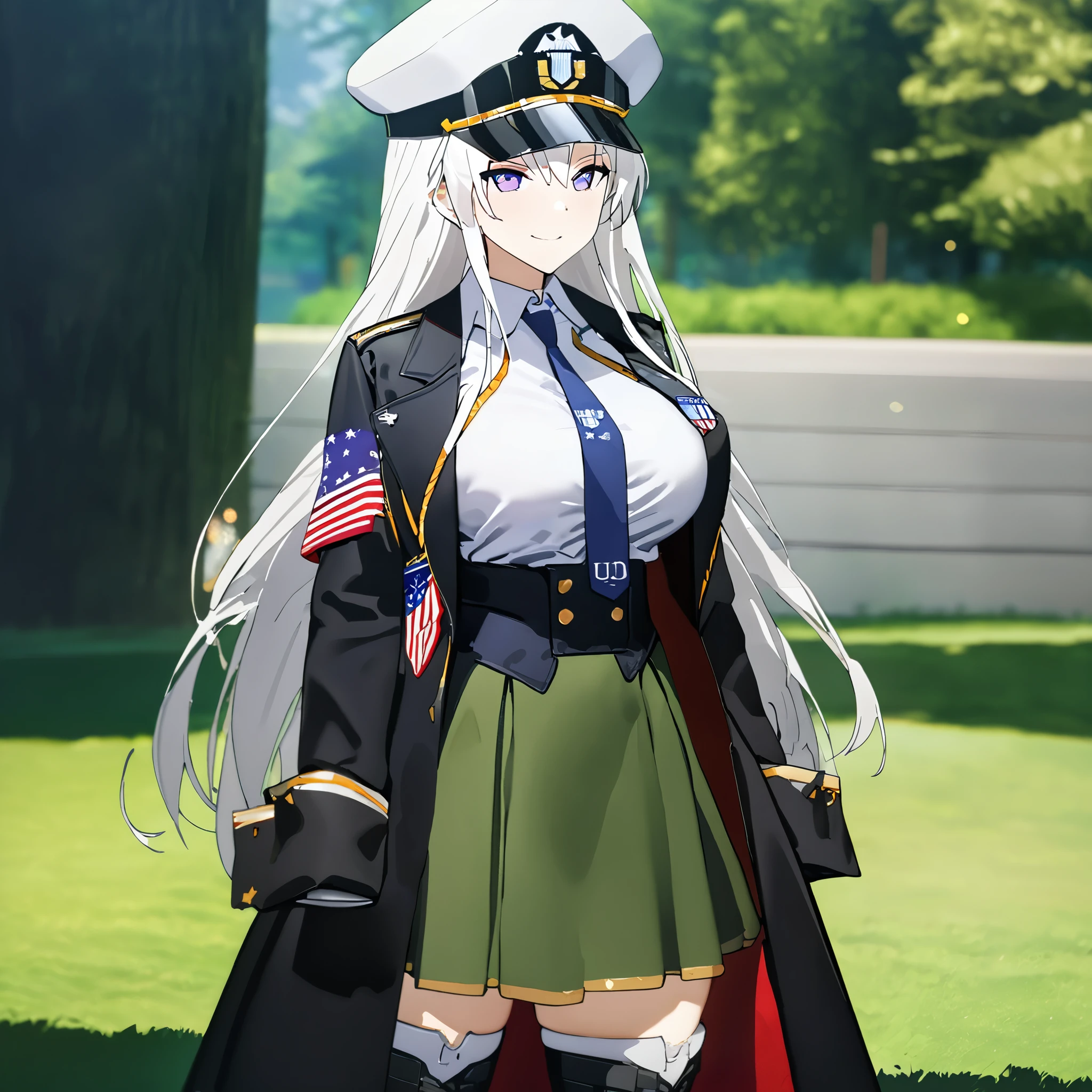 A woman wearing a white shirt, coat of arms of the United States on the shirt, wearing a hat with fabric of the United States flag, wearing a moss green skirt, black leather boots, holding a black metal bow, white hair, long hair, purple eyes , smiling, big breasts, on an open lawn with trees in the background, daytime location, Azur_lane, USS_Enterprise, UHD , masterpiece , accurate , anatomically correct , textured skin , super details , high quality , best quality, 8k, high resolution, bokeh effect.