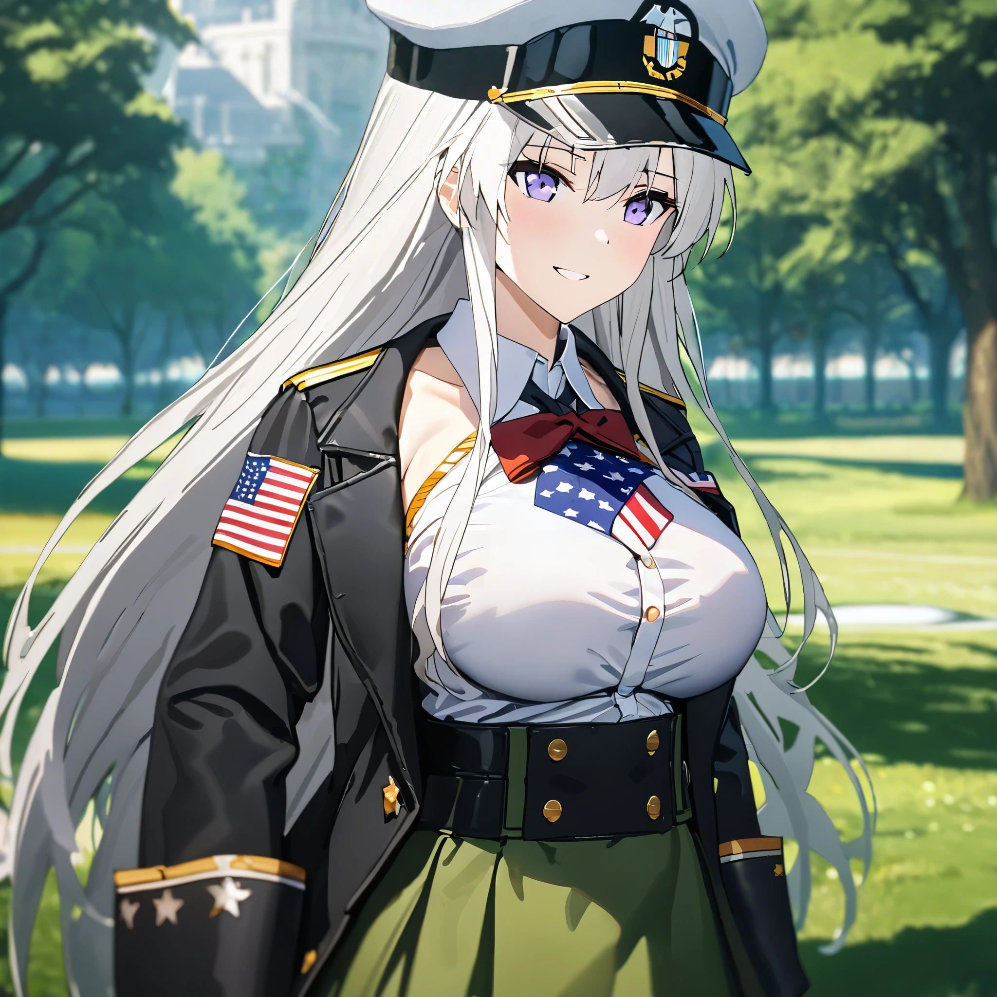 A woman wearing a white shirt, coat of arms of the United States on the shirt, wearing a hat with fabric of the United States flag, wearing a moss green skirt, black leather boots, holding a black metal bow, white hair, long hair, purple eyes , smiling, big breasts, on an open lawn with trees in the background, daytime location, Azur_lane, USS_Enterprise, UHD , masterpiece , accurate , anatomically correct , textured skin , super details , high quality , best quality, 8k, high resolution, bokeh effect.