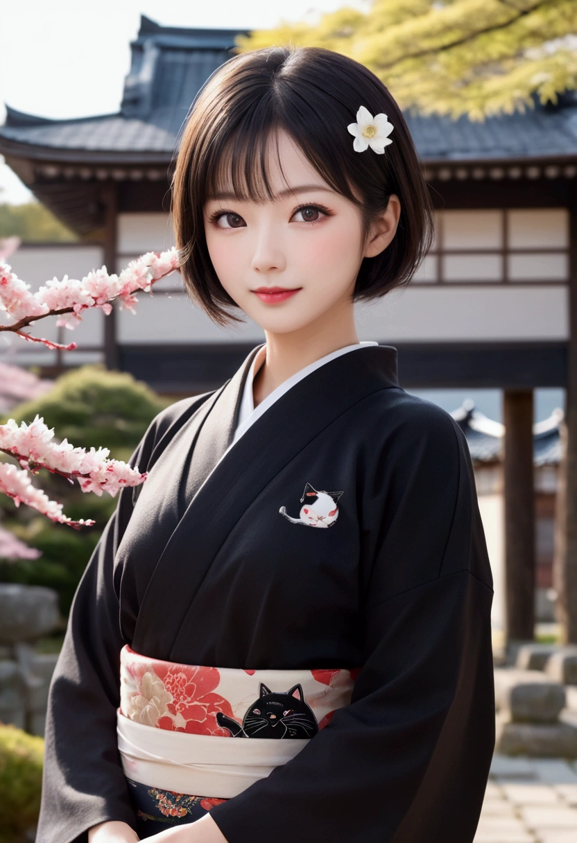 masterpiece, best quality, ((1 woman))(black shorthair cat),, illustration, Super detailed, fine details, High resolution, 8K quality wallpaper, Perfect dynamic composition, Beautiful and delicate eyes, kimono, 勻稱的kimono外觀,  Smile, looking at camera,Japan Castle Town, Japanese garden, Tea Room, 