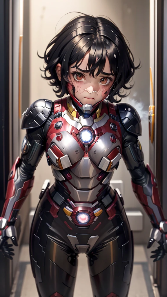 Highest quality　8k Iron Man Suit Girl　　Sweaty face　cute　short hair　boyish　Steam coming from the head　My hair is wet with sweat　Black Hair