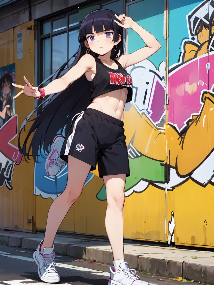 ((ruri gokou)), girl, alone, Hime cut, Black Hair, Mole under eye, long hair,  Hip Hop Dancer, Street dance,  Hip Hop Fashion, Short tank top, Belly button, Shorts, leggings, High Top Sneakers, big gold chain, cap, Large earrings, Dance Moves, cool, Dynamic pose, masterpiece, Graffiti wall
