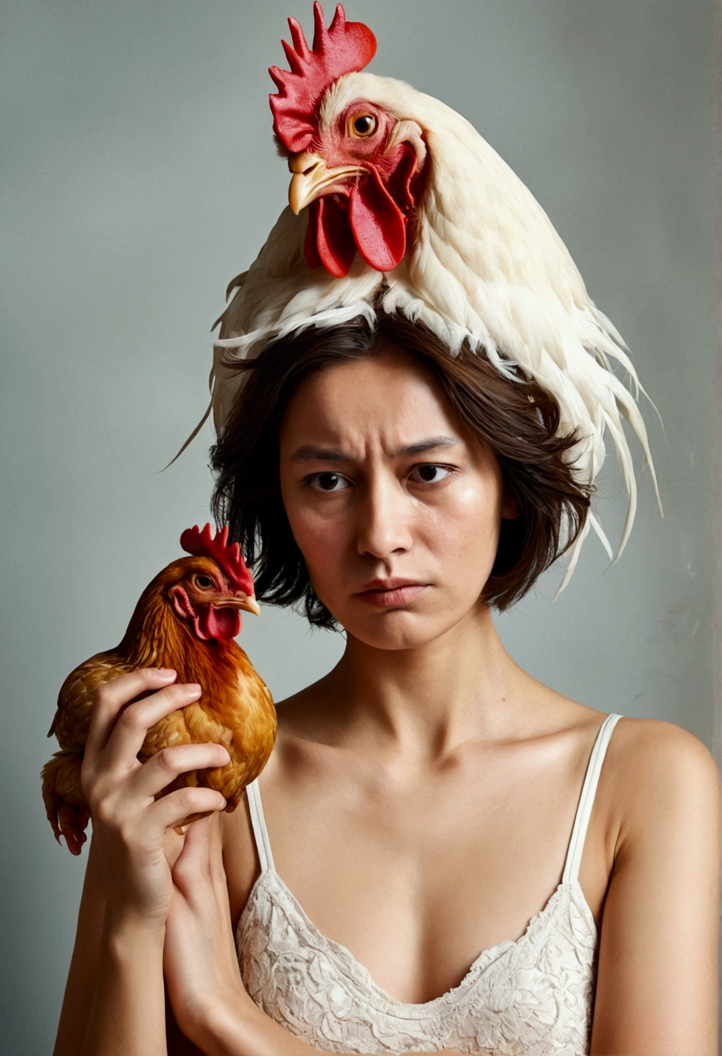 Woman with clothes on, with a chicken's head sticking out of her armpit and sad