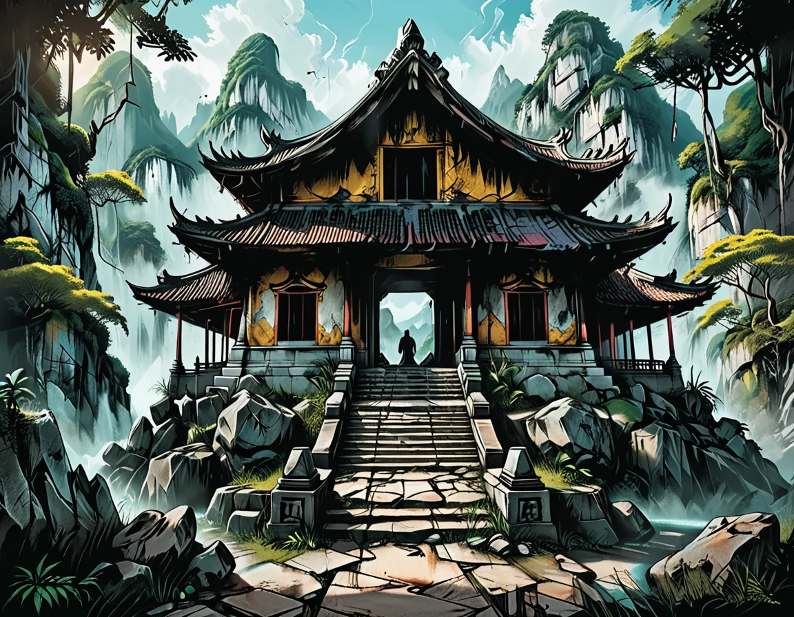 square in front of a Buddhist temple, stone walls, broken statue,
ruined buddhist temple, temple ruins, graves, rainforest, mountains, cracks, broken walls, dents, graphic style of novel comics, 2d, 8k, hyperrealism, masterpiece, high resolution, best quality, ultra-detailed, super realistic, Hyperrealistic art, high-quality, ultra high res, highest detailed, lot of details, Extremely high-resolution details, incredibly lifelike, colourful, soft cinematic light,