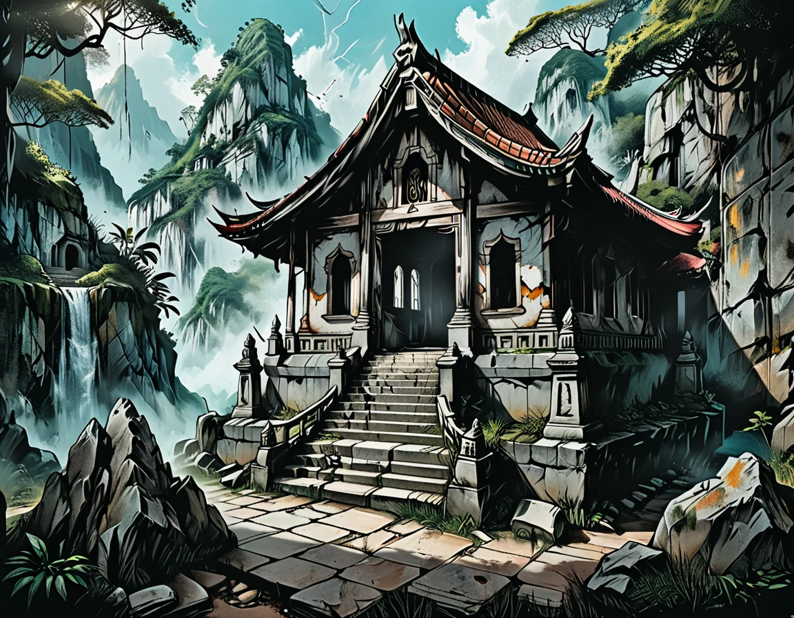 square in front of a Buddhist temple, stone walls, broken statue,
ruined buddhist temple, temple ruins, graves, rainforest, mountains, cracks, broken walls, dents, graphic style of novel comics, 2d, 8k, hyperrealism, masterpiece, high resolution, best quality, ultra-detailed, super realistic, Hyperrealistic art, high-quality, ultra high res, highest detailed, lot of details, Extremely high-resolution details, incredibly lifelike, colourful, soft cinematic light,