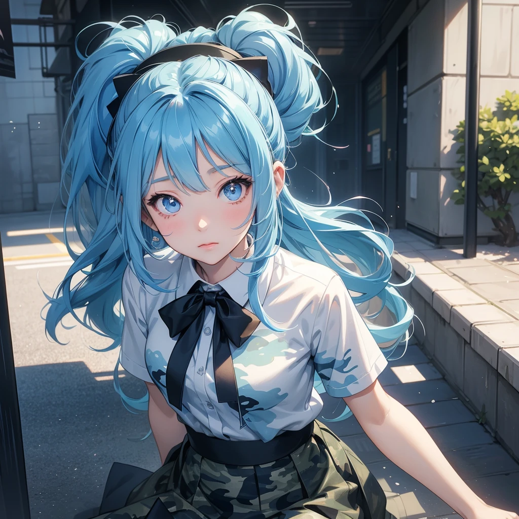 Blue Hair、Up ponytail、Anime girl in a camouflage skirt and camouflage shirt posing for a photo。Surreal、Surreal、Real、Anime Moe Art Style、Smooth anime CG art、真花honest、Beautiful anime school girl、honest、Cute girl anime visuals、Cute anime cat girl、Enchanting anime girl、From Girls Frontline、evening