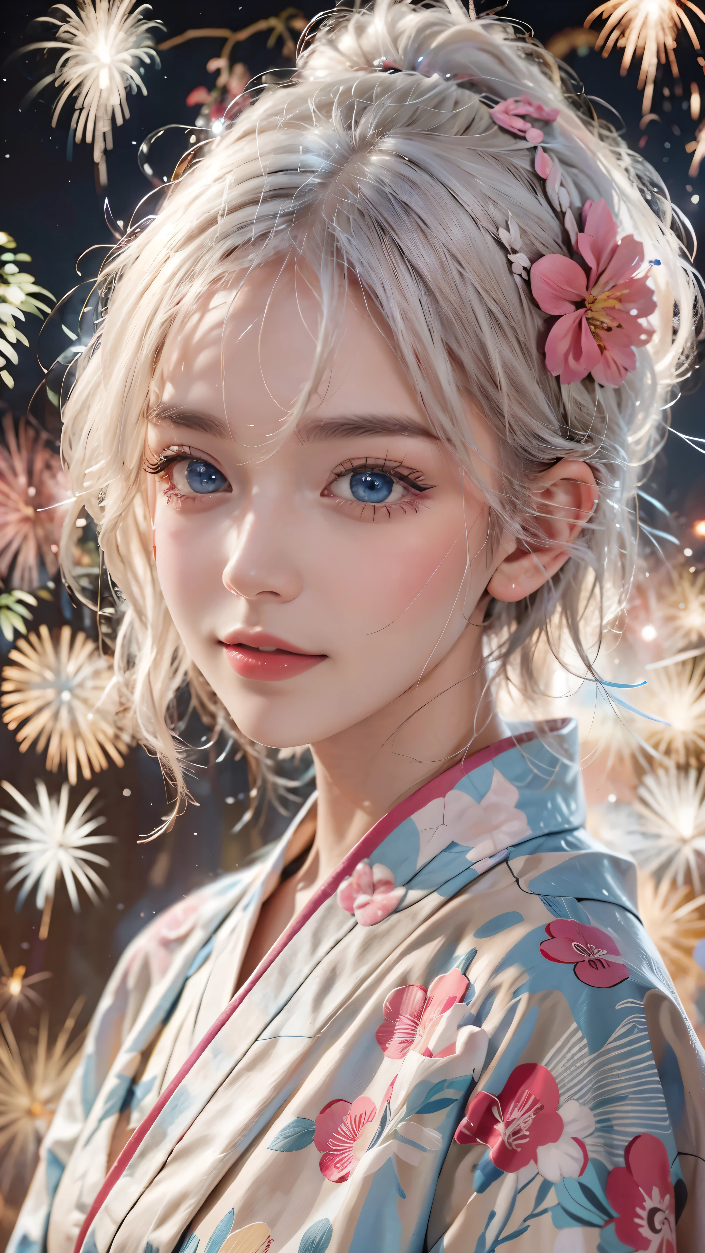 8k,Realistic,Beautiful single woman,White Gold Hair,Shortcuts,Perm,Blue Eyes,Summer Nights in Japan,Fantastic fireworks,Traditional Japan yukata,The theme color is pink,An angle that captures the whole body