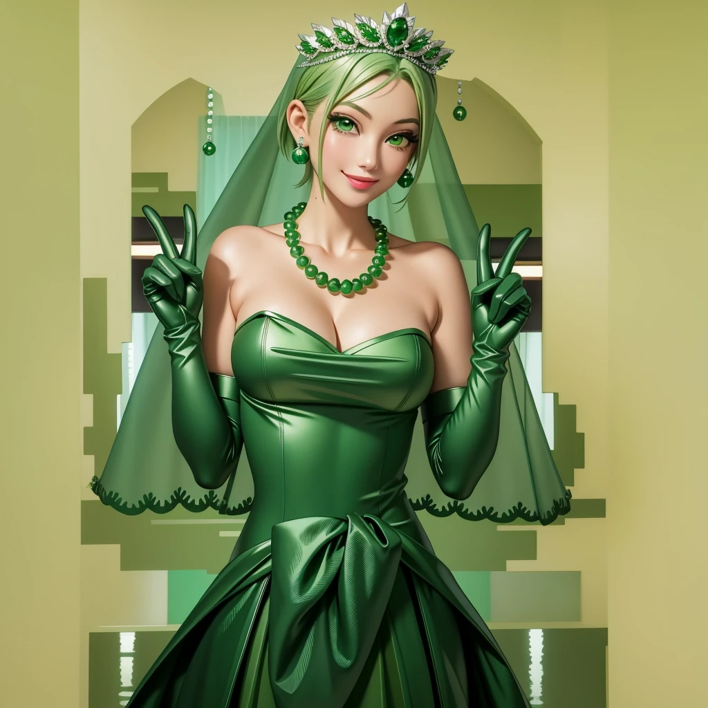 Emerald tiara, Green Pearl Necklace, ボーイッシュな非常に短いGreen Hair, Green Lips, Smiling Japanese woman, Very short hair, Busty beautiful lady, Green Eyes, Green satin long gloves, Green Eyes, Emerald Earrings, Green veil, All, Green Hair, Beautiful Japanese Woman, green lip gloss
