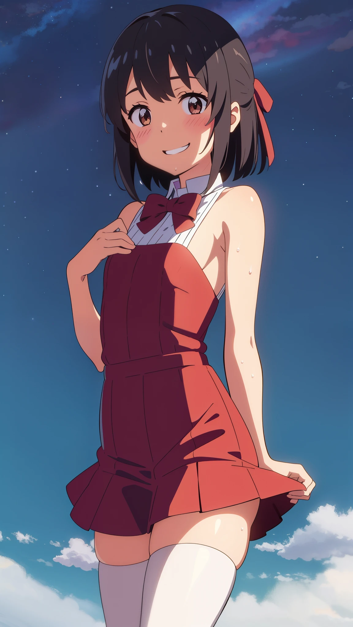 shinkai makoto, kimi no na wa., 1girl, bangs, black hair, blush, brown eyes, perfect face, looking at the viewer, mini dress, bare shoulders, detached collar, red bow, mini skirt, black thighhighs, short hair, solo, shinny skin, smile, cute, grin, cloudy, night sky, night background, forest, sweat, (masterpiece), best quality
